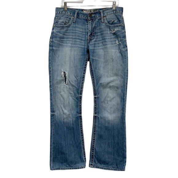 BKE Buckle Fulton Men's Medium Wash Bootcut Denim Distressed Jeans Size 31R guc‎ - Picture 1 of 11
